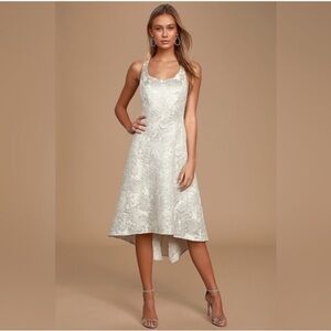 Lulus White Jacquard Floral Print High-Low Midi Dress